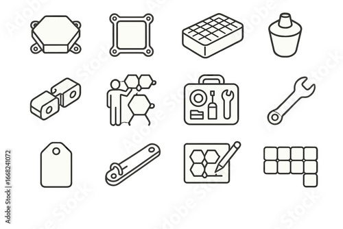 Floating System Icons. Outline vector icons of modular floating systems: hex tile, connector unit, raft