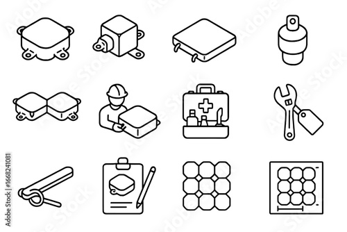 Floating System Icons. Outline vector icons of modular floating systems: hex tile, connector unit, raft