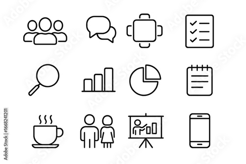 Focus Group Research Icons. Outline icon set of focus group research: people icon, speech bubbles, table,