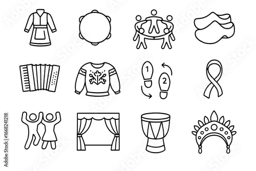Folk Dance Icons. Outline icon set of traditional folk dances: ethnic costume, tambourine, circle dance,
