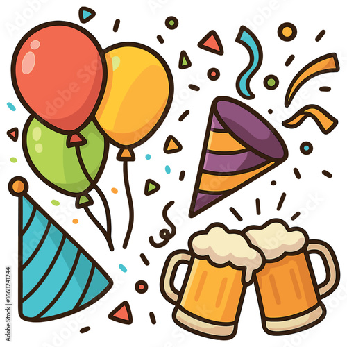 Festive party celebration vector: cheerful holiday design with balloons, hats, and confetti