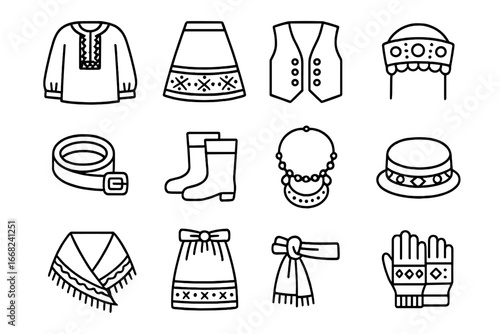 Folk Costume Icons. Outline icon set of folk costume photography: embroidered shirt, patterned skirt, vest,