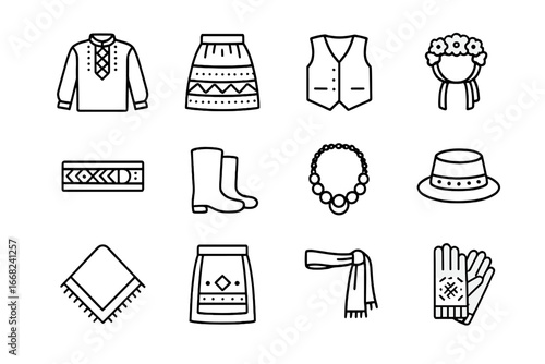 Folk Costume Icons. Outline icon set of folk costume photography: embroidered shirt, patterned skirt, vest,