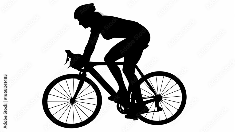 Fototapeta premium Silhouette of a cyclist riding a bicycle wearing a helmet in a full body side profile view on white background