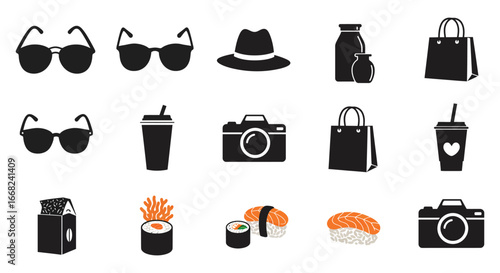 Collection of travel and food icons in black and white