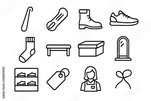 Footwear Service Icons. Outline icon set of footwear fitting service: shoehorn, foot measurement tool, boot,