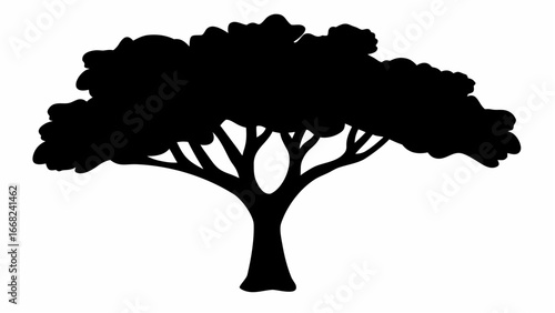 Silhouette of a tree with dense foliage and visible branches against a white background providing contrast