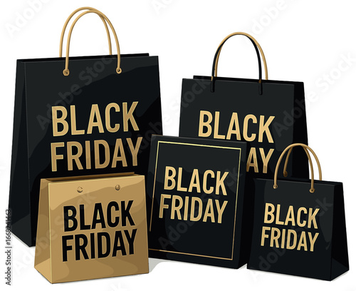 Black friday shopping: elegant gold and black bags for holiday gift shopping inspiration - vector