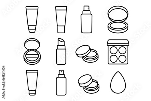 Foundation Icons Grid. Outline icon set of foundation and base products: BB cream, CC cream, liquid foundation