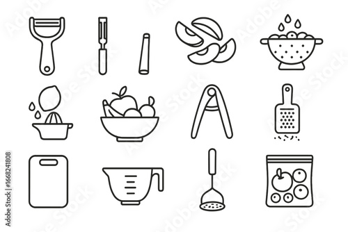 Fruit Prep Icon Set. Outline icon set of fruit prep for pies: peeling tool, corer, apple slices, berry wash,