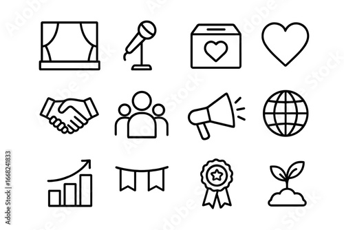 Fundraising Icons Set. Outline icon set of fundraising events: stage, microphone, donation box, heart,