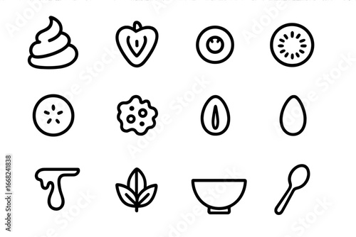 Fruit Yogurt Icons. Outline icon set of fruit and yogurt bowl: yogurt swirl, strawberry slice, blueberry, kiwi