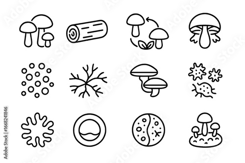 Fungi and Moss Icons. Outline icon set of moss and fungi interaction: mushroom cluster, decaying log,
