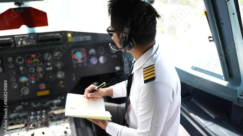 trained airplane captain in uniform preparing to fly in a simulator cockpit.