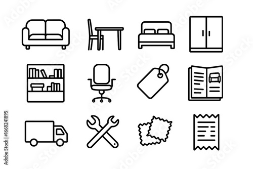 Furniture Shopping Icons. Outline icon set of discussing furniture purchases: sofa, dining table, bed,