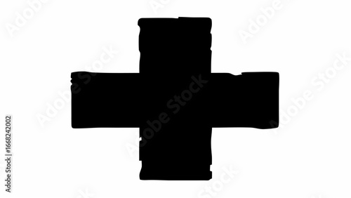 A black cross shape with rough edges isolated on a white background in a simple and minimalist style art