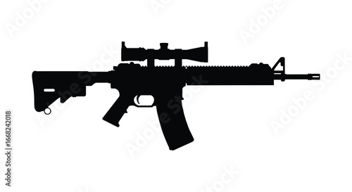 Black silhouette of a rifle with scope on white background