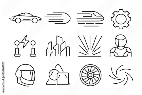 Futuristic Icon Set. Outline icon set of Futurism: speeding car, motion blur, flying train, mechanical gear,