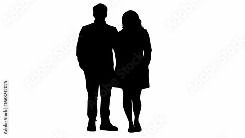Silhouette of a man and woman standing side by side against a white background in a full body shot view