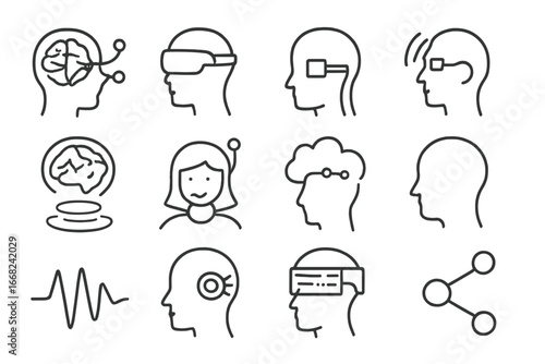Futuristic Human-AI Icons. Outline icon set of future human-AI interface: brain-machine link, AR headset,