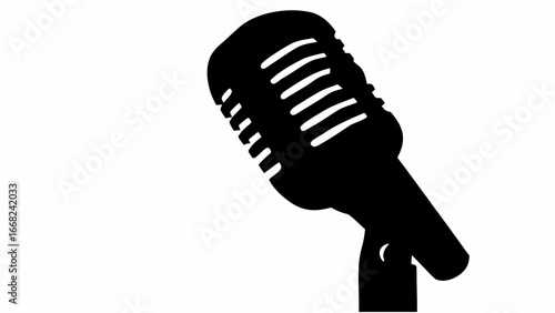 Illustration of a vintage microphone in black silhouette standing on a white background showing detail 100 character