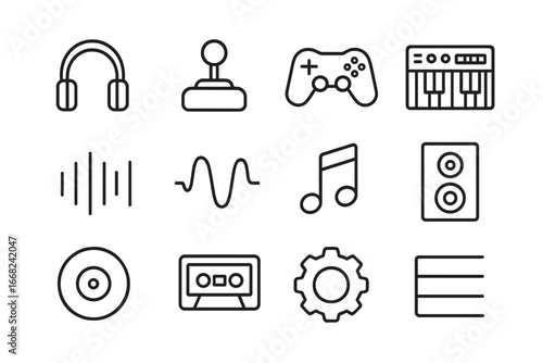 Game Music Icons. Outline icon set of game menu music: headphones, joystick, controller, synthesizer,