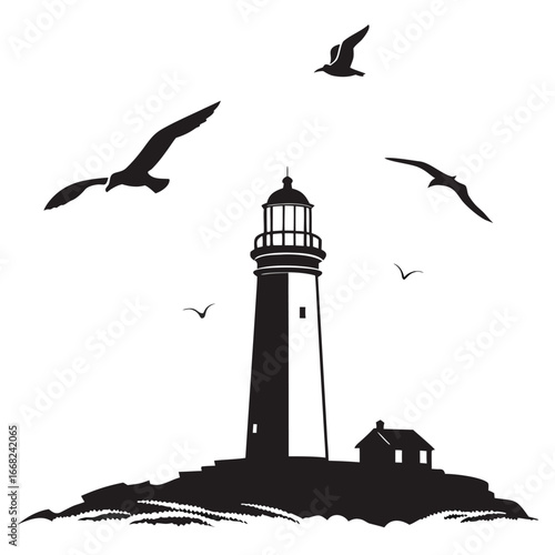 Gulls flying past lighthouse silhouette