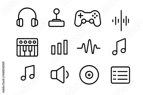 Game Music Icons. Outline icon set of game menu music: headphones, joystick, controller, synthesizer,