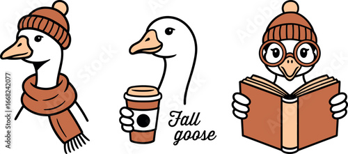 Fall season silly goose reading a book drinking coffee wearing beanie scarf cozy aesthetic outline drawing. Cute farm animal autumn activities theme printable funny sticker design bundle pack clipart.