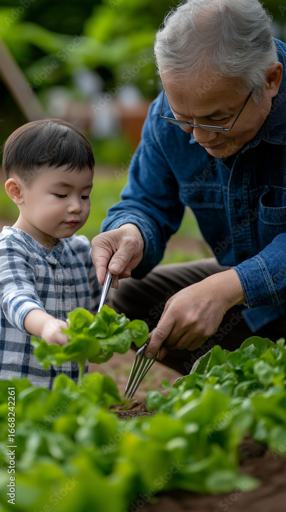 custom made wallpaper toronto digitalGrandfather teaches child gardening skills in a lush backyard during a sunny afternoon