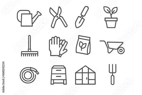 Gardening Icon Set. Outline icon set of horticulture and gardening sections: watering can, pruning shears,