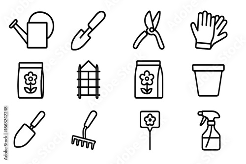 Gardening Tools Icons. Outline icon set of flower-growing tools: watering can, hand spade, pruning shears,
