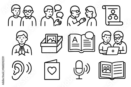 Generational Communication Icons. Outline icon set of communicating across generations: elder support,