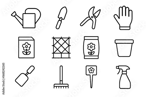 Gardening Tools Icons. Outline icon set of flower-growing tools: watering can, hand spade, pruning shears,