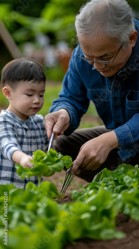 Wallpaper Mural Grandfather teaches child gardening skills in a lush backyard during a sunny afternoon Torontodigital.ca