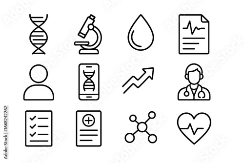 Genetic Health Icon Set. Outline icon set of genetic-based health insights: DNA helix, microscope, blood drop,