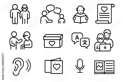 Generational Communication Icons. Outline icon set of communicating across generations: elder support,