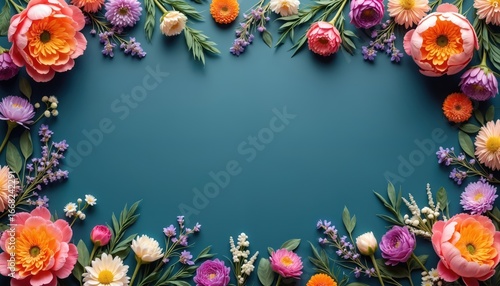 Vibrant scattered spring flowers including peonies, daisies adorn dark blue background. Top-view floral arrangement creates decorative border with ample copy space, perfect for design projects.