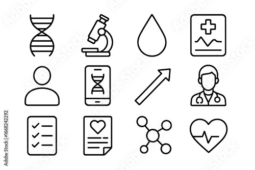 Genetic Health Icon Set. Outline icon set of genetic-based health insights: DNA helix, microscope, blood drop,