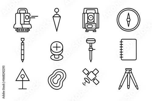 Geodetic Instruments Icons. Outline icon set of geodetic laser instruments: laser theodolite, zenith plummet,