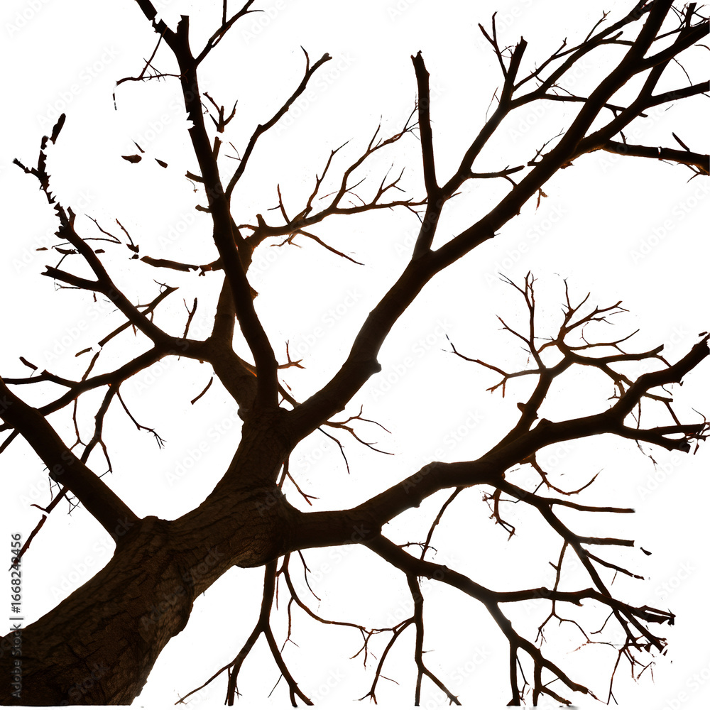 Obraz premium Dark Brown Tree Silhouetted With Small Red And Yellow Dots Isolated On Black Transparent Background