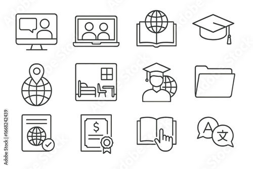 Global Education Icons. Outline icon set of global education programs: online class, video call, globe book,