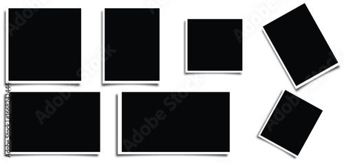 Empty white photo frame. Set realistic photo card frame mockup. Realistic empty photo card frame, film set. Retro vintage photograph with transparent adhesive tape and paper clip.
