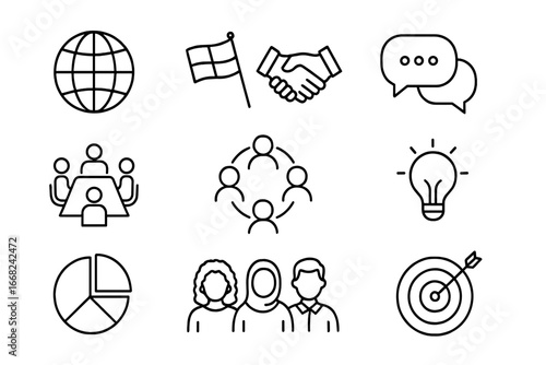 Global Teamwork Icons. Outline icon set of multicultural teamwork: globe, national flags, handshake, chat