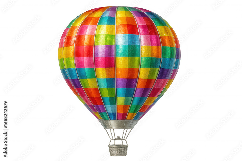 Naklejka premium Rainbow checkered hot air balloon floating against transparent background, perfect for travel and adventure designs
