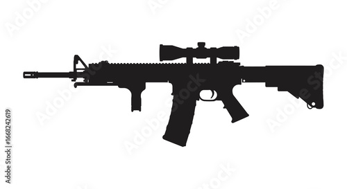 Black silhouette of a rifle with scope on white background