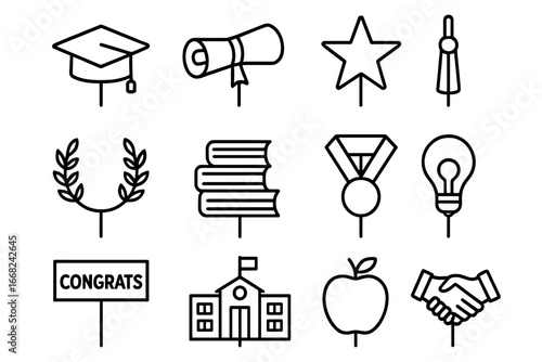 Graduation Icons Set. Outline icon set of graduation cake toppers: graduation cap, diploma scroll, star,