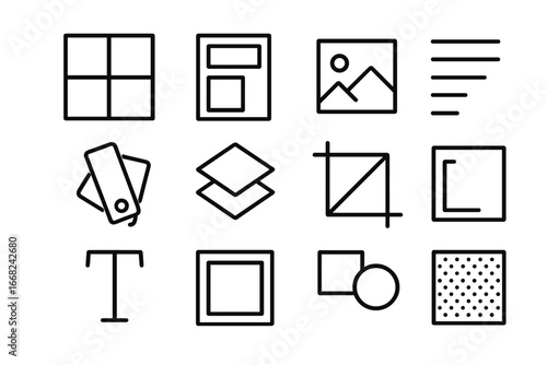 Graphic Tools Icon Set. Outline icon set of composition-heavy graphic layouts: grid lines, text box, image
