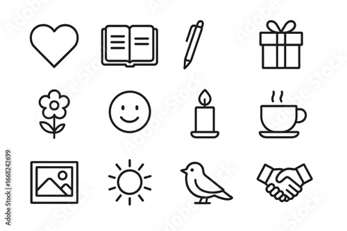 Gratitude Practice Icons. Outline icon set of gratitude practices: heart icon, journal, pen, gift box, flower,
