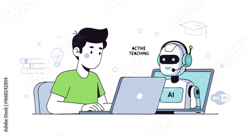 AI Robot Assisting a Student with Laptop for Active Learning and Education